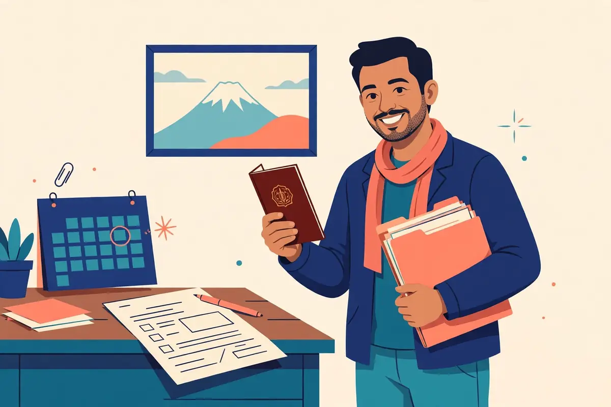 नवीकरण गरिएको राहदानी र कागजात फोल्डर बोकेको व्यक्तिको चित्रण